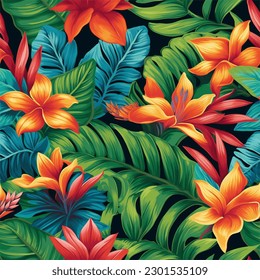 A Repeating Design of Lush Tropical Foliage and Flowers in Bold Seamless Pattern