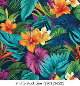 A Repeating Design of Lush Tropical Foliage and Flowers in Bold Seamless Pattern