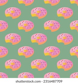 Repeating design pattern of a donut with pink icing