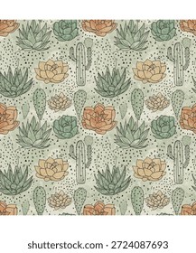 Repeating design showcasing various stylized succulent varieties and tall columnar cacti outlined in black ink across a lightly textured, pale green background. These beautiful botanical illustrations use muted orange, sage green, and pale yellow tones for a delicate, earthy aesthetic suitable for fabric or digital use.