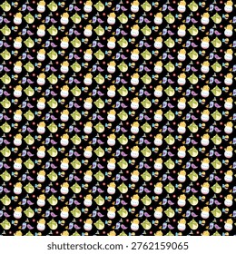 Repeating design of small cartoon birds and leaves on a dark background