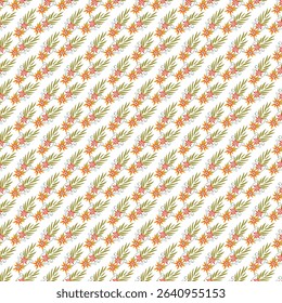 A repeating diagonal floral pattern with orange flowers, green foliage, and subtle decorative swirls on a white background, blending natural elements into a delightful