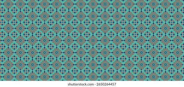 Repeating Diamond Motif Pattern with Intricate Shapes and Lines in Ochre, Beige, and Dark Teal on Teal Green Background, Featuring Symmetrical Layout and Textural Visual Effect
