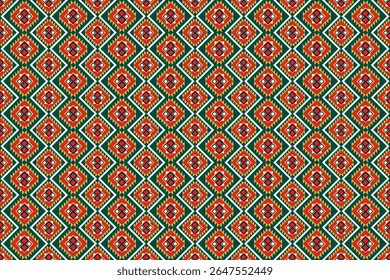 Repeating diamond-shaped pattern in vibrant red and green with ethnic-inspired details. Great for textiles, tribal-themed designs, wallpapers, and digital prints.