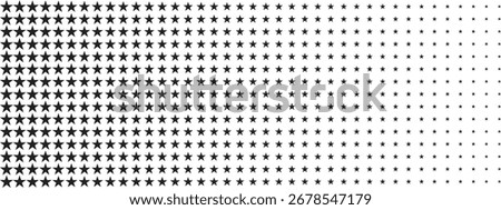 Repeating disappearing stars pattern. Sparkles background with half tone effect. Geometric mosaic texture. Starry print with gradient ornament. Minimalistic wallpaper. Vector graphic illustration. 