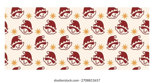 Repeating elf face illustrations, ideal for playful Christmas designs, holiday crafts, and cheerful seasonal prints.