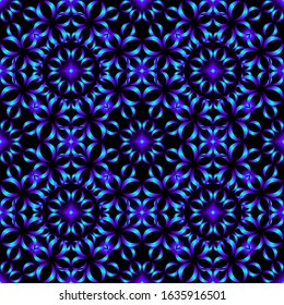 Repeating endless seamless pattern with flowers in blue and green on a black background