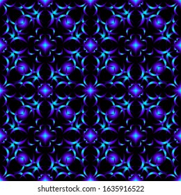 Repeating endless seamless pattern with flowers in blue and green on a black background