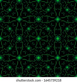 Repeating endless seamless pattern with flowers in green on a black background