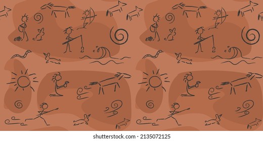 repeating ethnic rock pattern of drawn men, animals, a hunter with a spear, bow, fishing rod, fruit. Hunting, fishing, gathering. Ancient times pattern for paper, fabric, background, wallpaper