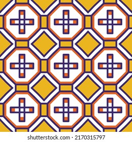 Repeating European pattern featuring tiled geometric shapes and other decorative elements