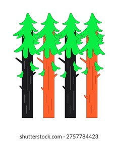 Repeating evergreen trees 2D cartoon object. Pine forest. Pinetrees arrangement. Woodland firtree nature. Symmetrical trunk layout isolated element flat vector clip art on white. Spot illustration