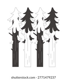 Repeating evergreen trees 2D line object. Pine forest. Pinetrees arrangement. Woodland firtree nature. Symmetrical trunk layout isolated clipart vector ink outline item. Monochrome spot illustration