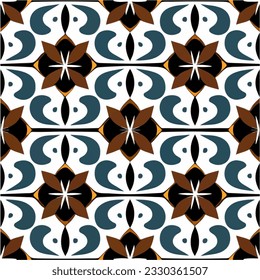 Repeating fabric pattern with a black and brown design on a white background, showcasing a fusion of art nouveau floor patterns and fractal muqarnas, resulting in a captivating visual effect.