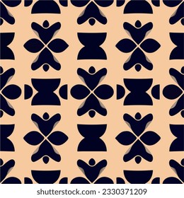 Repeating fabric pattern with black shapes on a beige background, combining elements of Art Deco and overlaid with an aizome pattern.