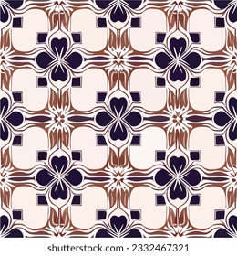 Repeating fabric pattern on a white background displays a captivating blend of blue and brown colors. With its art nouveau influences and damask motif, it exudes a classic and charming.