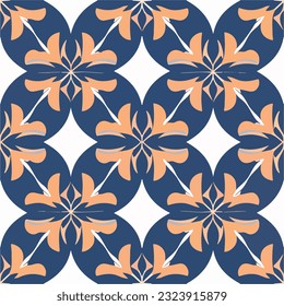 Repeating fabric pattern showcasing blue and orange flowers on white background, influenced by art deco style and featuring seamless design.