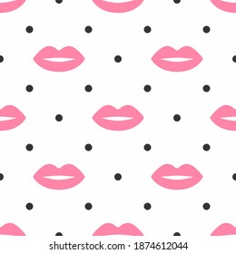 Repeating female lips and polka dot. Cute seamless pattern. Flat vector illustration.