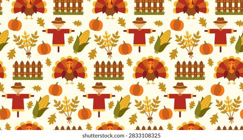 A repeating festive autumn pattern showcasing cartoon turkeys scarecrows orange pumpkins ears of corn wheat stalks and rustic wooden fences on a white background