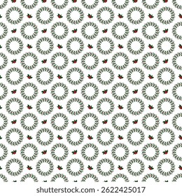 A repeating festive pattern featuring green wreaths and red holly berries on a white background. Perfect for seasonal designs, gift wrapping, and holiday-themed projects.