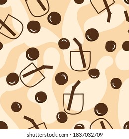 Seamless​ pattern​ with​ bubble​ milk​ green​ tea​ texture​ repeating background​ vector​ illustration.​ Flat design. Cute cartoon character.