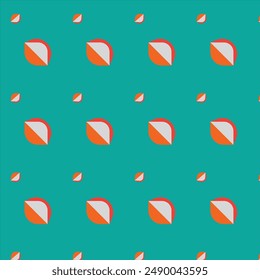 repeating flat geometric pattern in red, orange and white. Object elements colored orange, red, white, blue backgrounds