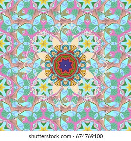 Repeating floral backdrop, Elegant flowers wallpaper. Flower pattern seamless on colorful background, hand-drawn chamomiles, daisies.