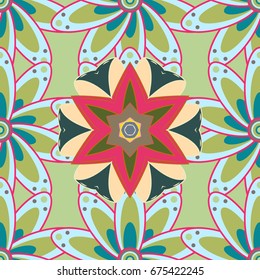 Repeating floral backdrop, Elegant flowers wallpaper. Flower pattern seamless on colorful background, hand-drawn chamomiles, daisies.
