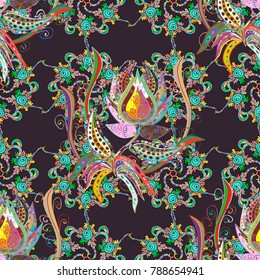 Repeating floral backdrop, Elegant purple, blue and neutral flowers wallpaper. Flower pattern seamless on purple, blue and neutral colors, hand-drawn chamomiles, daisies.