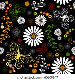 Repeating floral black pattern with flowers and butterflies(vector)