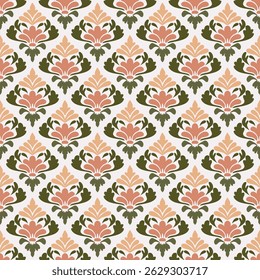 Repeating Floral Damask Seamless Pattern Vector in Green and Pink for Fabric, Wallpaper, Packaging, Ceremony, Backgrounds, and Decorative Craft Design Projects