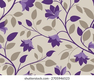 Un diseño floral que se repite presenta colores púrpura y topo, creando un patrón suave y elegante.