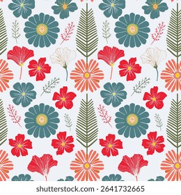 Repeating floral design includes red, orange, blue, and white flowers, along with green leaves, creating a colorful and vibrant pattern.