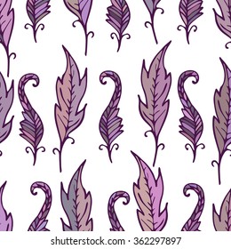 Repeating floral and feather pattern. Seamless texture with purple leaves on white background. Light backdrop with lilac elements. Vector illustration. For textile, wrapping, wallpaper, cloth design. 