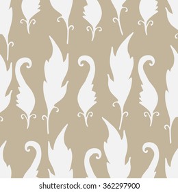 Repeating floral and feather pattern. Seamless texture with leaves silhouettes. Beige background with white elements. Light backdrop.Vector illustration. For textile,wrapping, wallpaper,cloth design. 