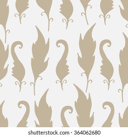 Repeating floral and feather pattern. Seamless texture with leaves silhouettes. White background with beige elements. Light backdrop.Vector illustration. For textile,wrapping, wallpaper,cloth design. 