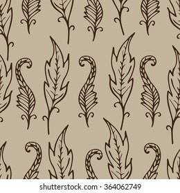 Repeating floral and feather pattern. Seamless texture with doodle leaves. Beige and brown colors. Abstract background. Vector illustration. For textile,wrapping, wallpaper or cloth design. 
