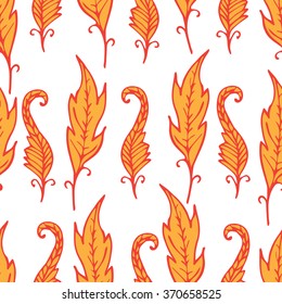 Repeating floral and feather pattern. Seamless texture with  bright orange leaves on white background. Firebird or Fenix feathers. Vector illustration. For textile, wrapping, wallpaper, cloth design. 