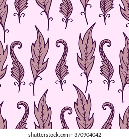 Repeating floral and feather pattern. Seamless texture with leaves. Purple and pink colors. Light background or backdrop. Vector illustration. For textile, wrapping, wallpaper or cloth design. 