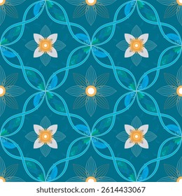 A Repeating Floral And Geometric Pattern On A Teal Background. floralpattern, geometricpattern, repeatingpattern, tealbackground, abstractdesign, decorative, tileable