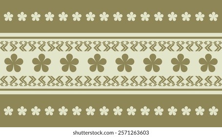 Repeating floral and geometric pattern,olive green flower border. stylized flowers and arrow-like shapes. Suitable for textiles,neckline embroidery,backgrounds,wallpaper, decorative arts.