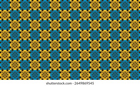 Repeating floral motif with sharp geometric petals in golden yellow and blue hues, arranged in a dynamic symmetrical layout