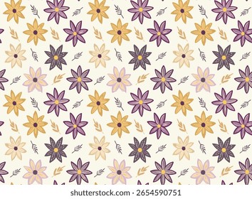 Repeating Floral Pattern With Alternating Yellow And Purple, Stylized Flowers On A Pale Background.