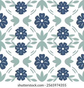 Repeating Floral Pattern with Blue and Mint Green Flowers