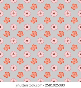 A repeating floral pattern consisting of alternating orange and pink flowers displayed on a light gray background, forming an elegant and cheerful  design suitable for various creative projects.