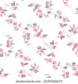 A repeating floral pattern covers a white background. Delicate, light pink flowers, resembling sweet peas or similar blossoms, are arranged along curving stems.