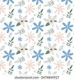 Repeating floral pattern. Delicate flowers and leaves, hand drawn. Garden flower, plants, botanical design for fabrics, printing. Summer background