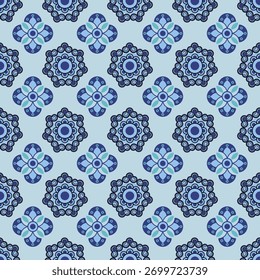 Um padrão floral repetitivo com intrincados desenhos azuis e roxos em um fundo azul claro.