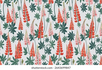 Repeating Floral Pattern Featuring Lupine Flowers In Shades Of Orange And Pink, Interspersed With Green Foliage Against A White Background.