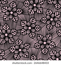 A repeating floral pattern featuring stylized flowers and leaves in soft pink on a dark background.